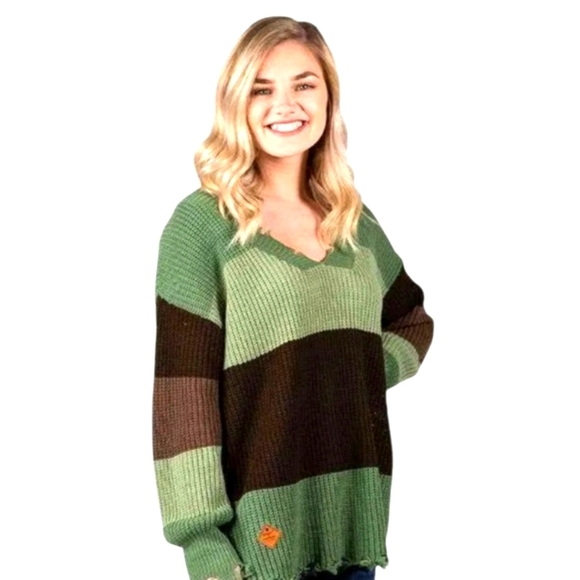 Simply Southern Striped Green and Brown v neck Cozy knit Sweater sz S - Picture 1 of 8